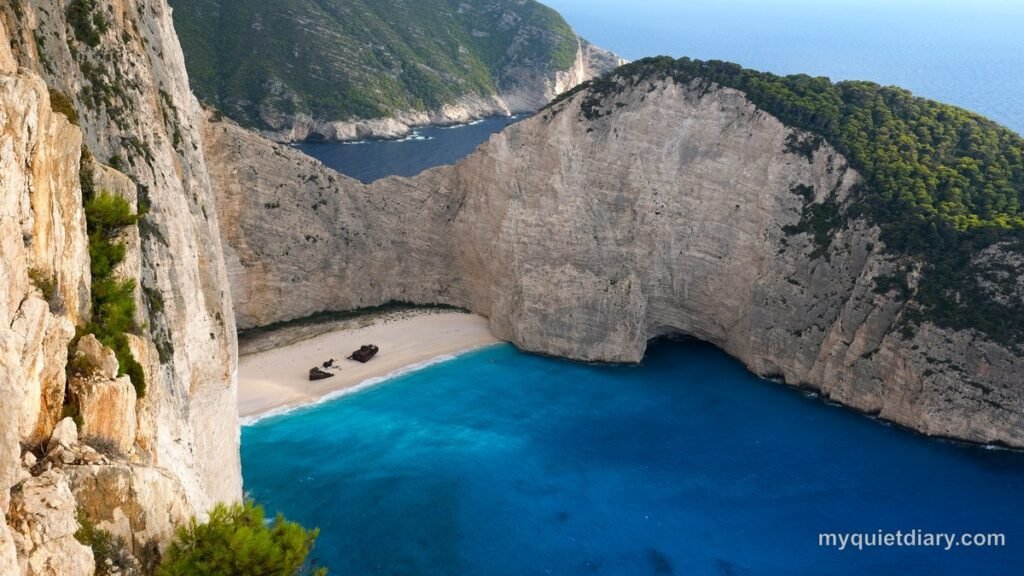 Navagio shipwreck beach in Zakynthos, Greece, the real-life filming location for the fictional coastline of 'Uruk' in Descendants of the Sun