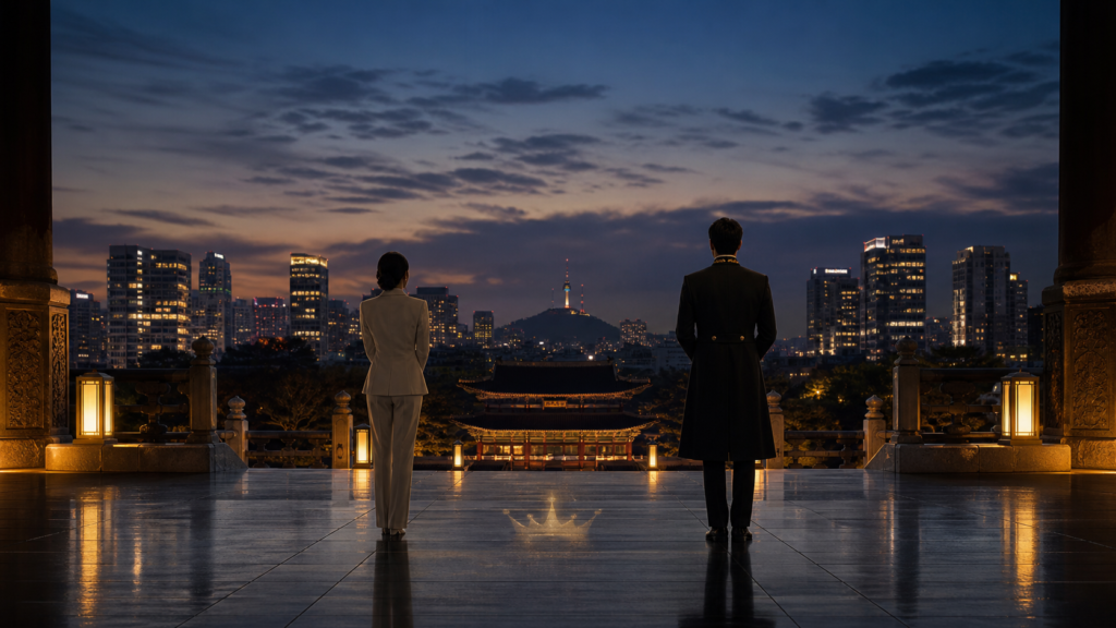 Conceptual image of a fictional businesswoman and royal man overlooking a Korean palace and modern Seoul