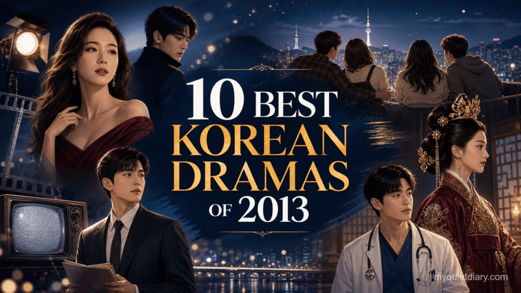 Editorial cover reading “10 Best Korean Dramas of 2013,” with fictional drama archetypes against the Seoul skyline