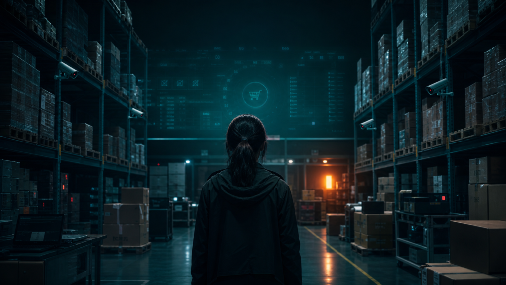 A fictional woman standing inside a surveillance-filled warehouse linked to a covert online shop