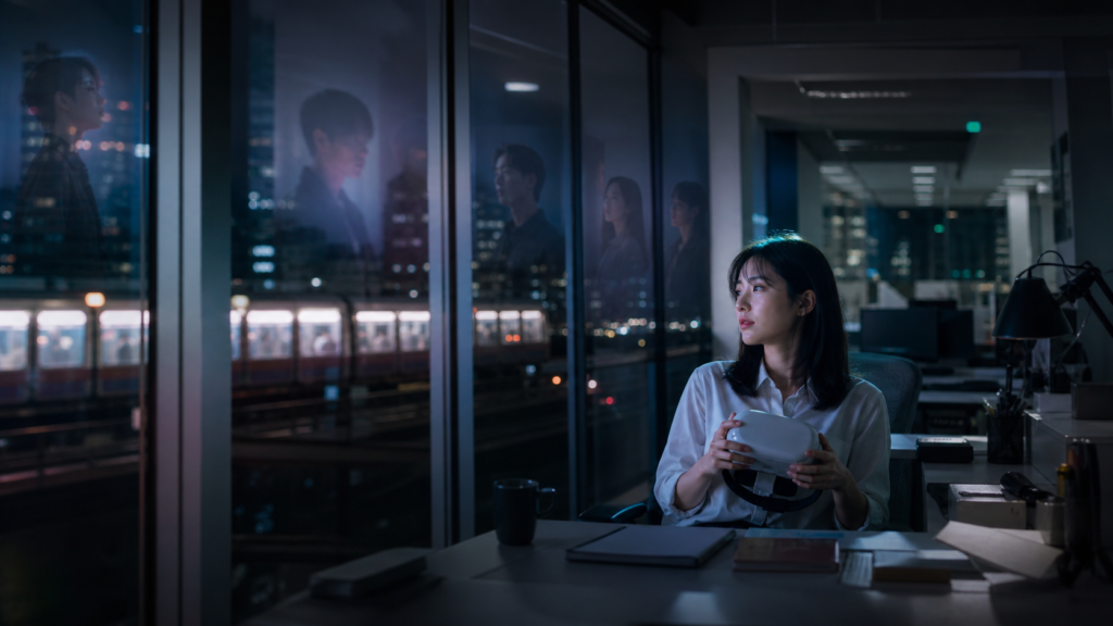 A fictional Korean office worker holding a virtual-reality headset in a late-night Seoul office