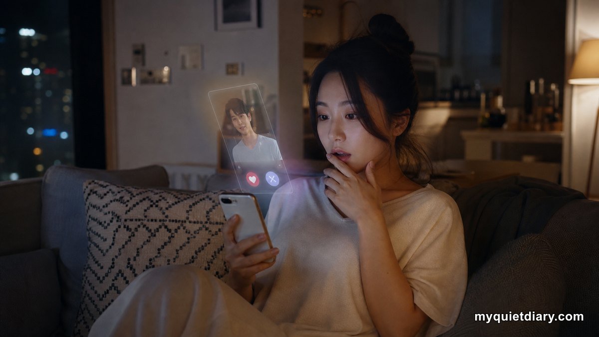 What Boyfriend on Demand Says About Korean Work Culture A fictional Korean office worker trying a virtual dating service at home