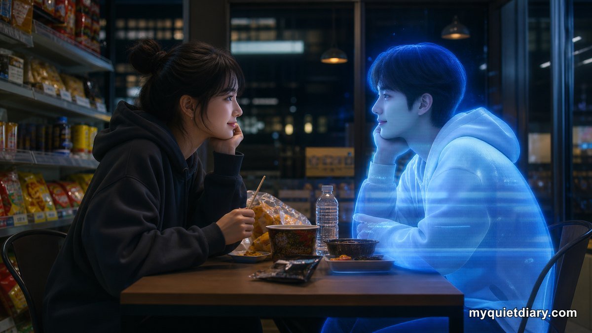 What Boyfriend on Demand Says About Korean Work Culture A fictional Korean woman sharing a late-night meal with a virtual companion