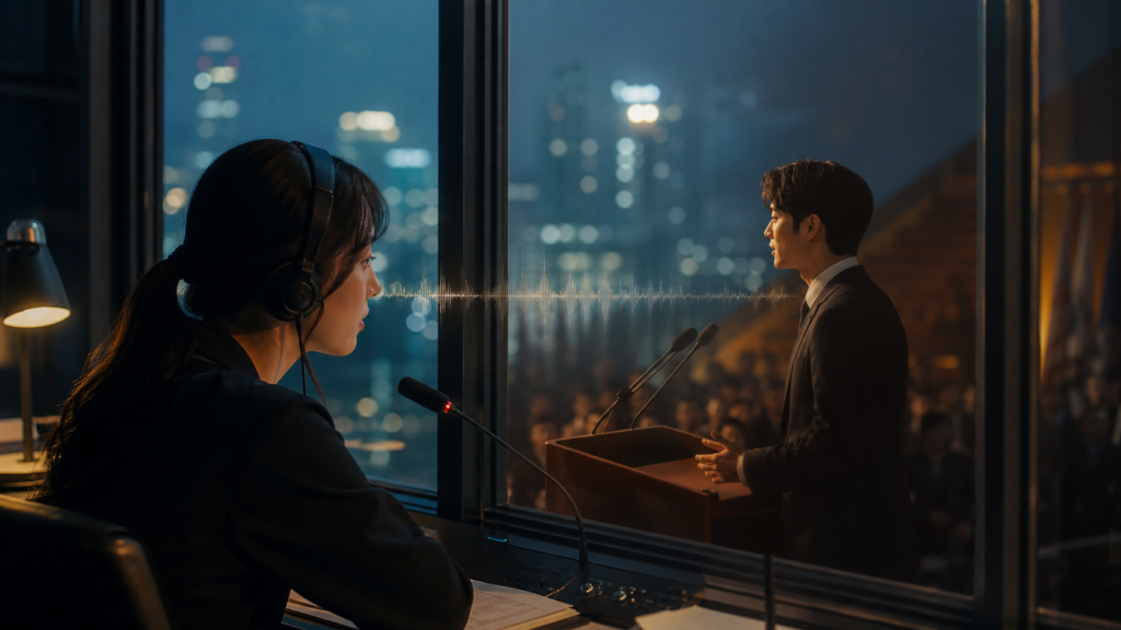 A fictional interpreter and public speaker communicating through glass at an international event in Seoul
