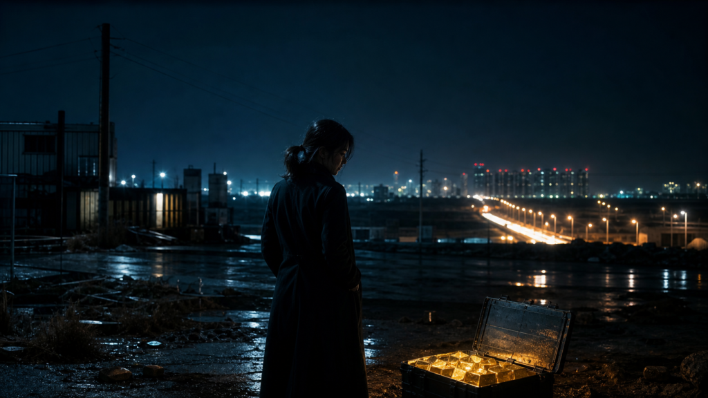 A fictional woman beside a case of gold on the industrial outskirts of a Korean city at night
