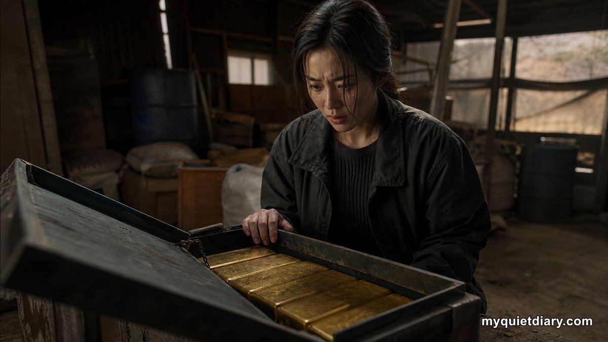 A fictional Korean woman discovering hidden gold bars in an abandoned rural warehouse