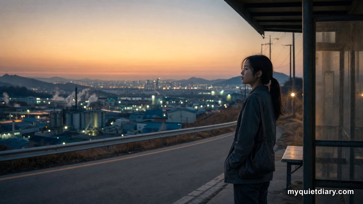 A fictional Korean woman at a rural bus stop overlooking an industrial town at dusk