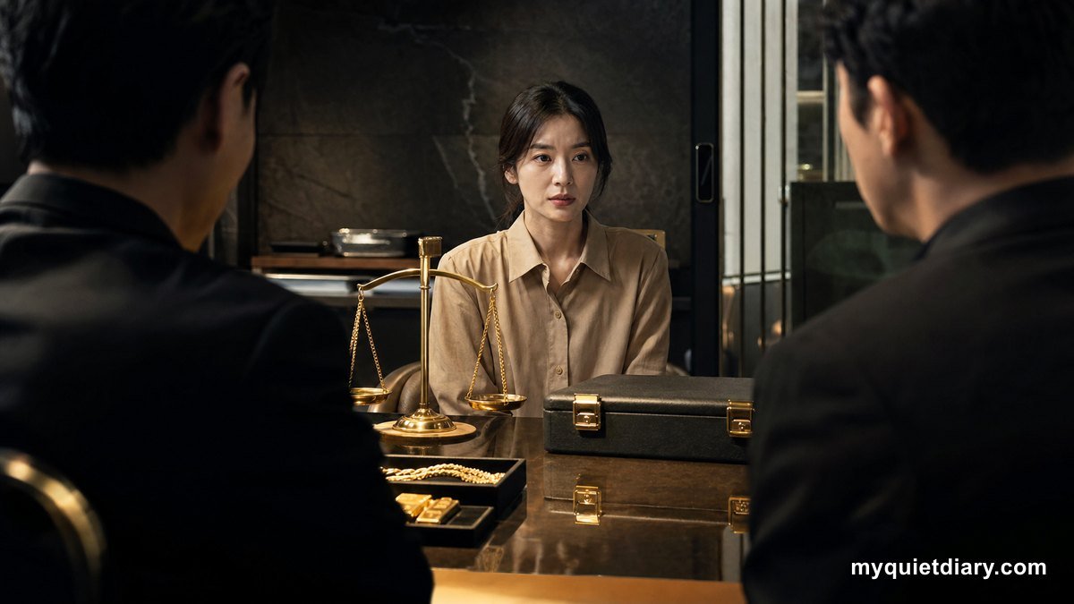 A fictional Korean woman meeting two business figures in a private gold-trading office