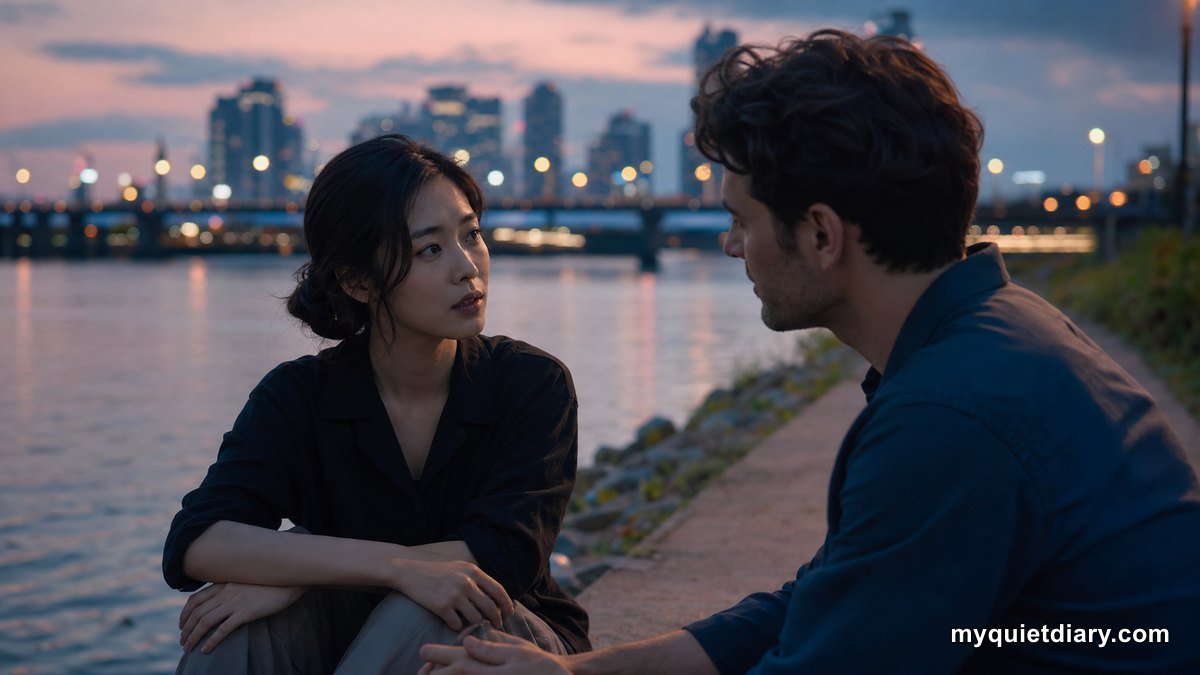A fictional Korean interpreter and international traveler talking beside the Han River at dusk