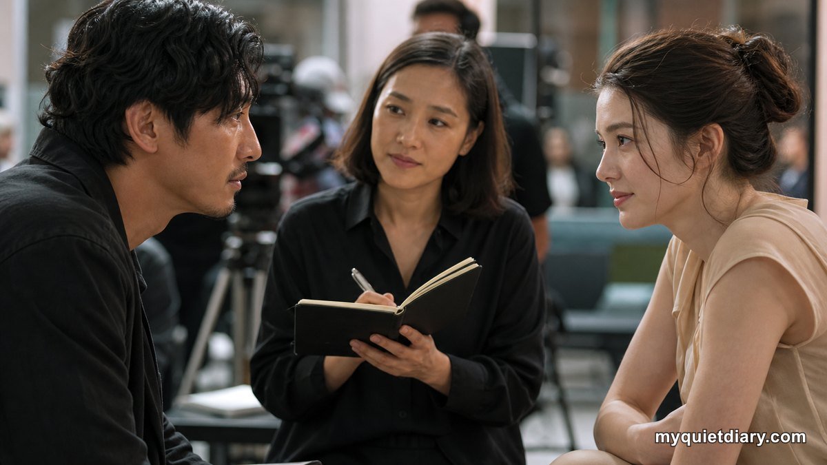 Two fictional adults exchanging meaningful glances across a multilingual production set