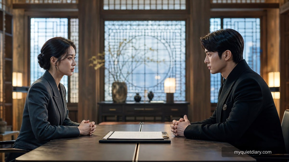 Is the Modern Korean Monarchy in Perfect Crown Real? A fictional chaebol heiress and royal man negotiating a contract marriage in a modern Korean palace study