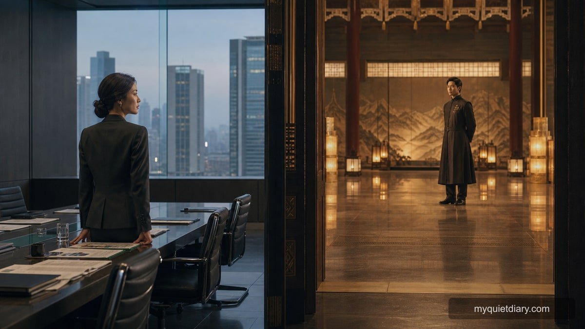 Is the Modern Korean Monarchy in Perfect Crown Real? A fictional businesswoman in a Seoul boardroom facing a royal man across the threshold of a modern palace hall