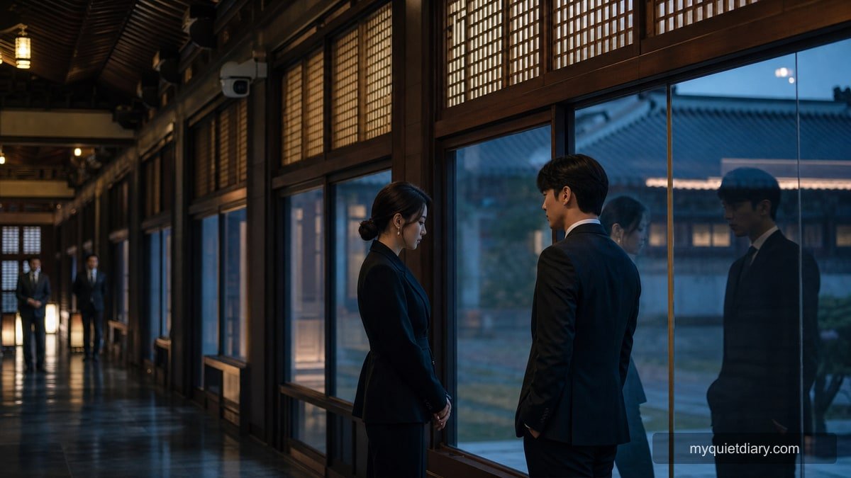 Is the Modern Korean Monarchy in Perfect Crown Real? A fictional businesswoman and royal man speaking quietly in a watched modern palace corridor at twilight