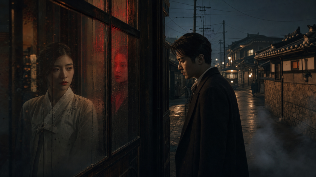 Two fictional figures separated by a rain-streaked window on a supernatural 1930s Gyeongseong street