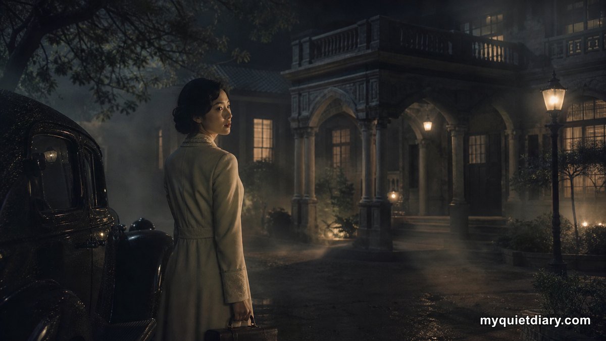 Portraits of Delusion: Vampires in Colonial Seoul A fictional Korean woman arriving at a misty colonial-era mansion at night