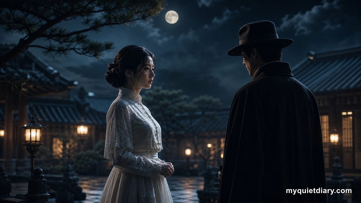 Portraits of Delusion: Vampires in Colonial Seoul A fictional Korean woman and mysterious man facing each other in a moonlit period courtyard