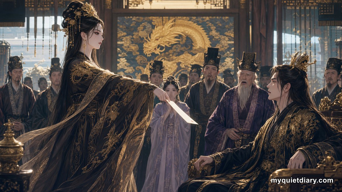 A fictional empress presenting divorce papers before an imperial court