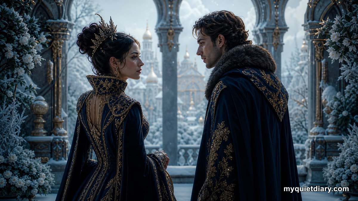 A fictional empress and foreign prince speaking in a palace winter garden