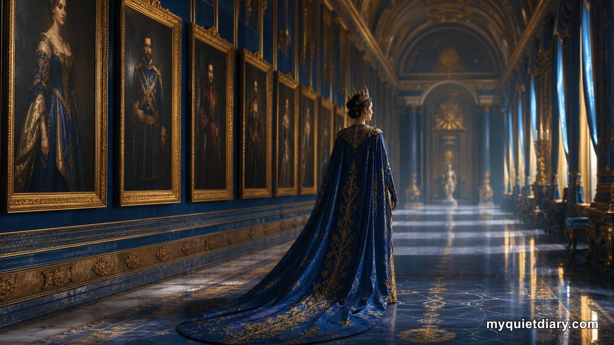 A fictional empress walking alone through a grand palace portrait gallery