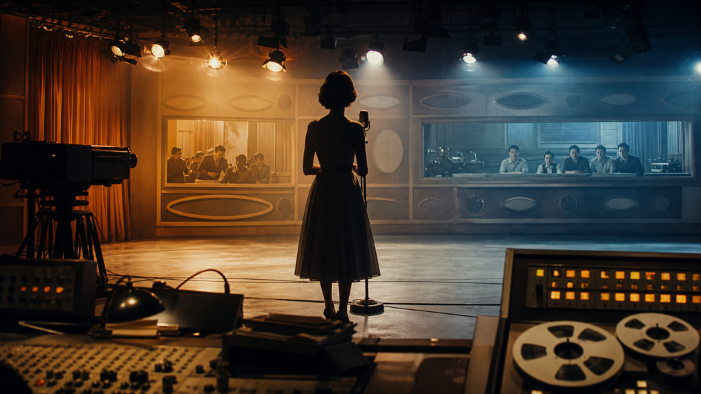 A fictional singer performing in a vintage Korean television studio with analog broadcast equipment