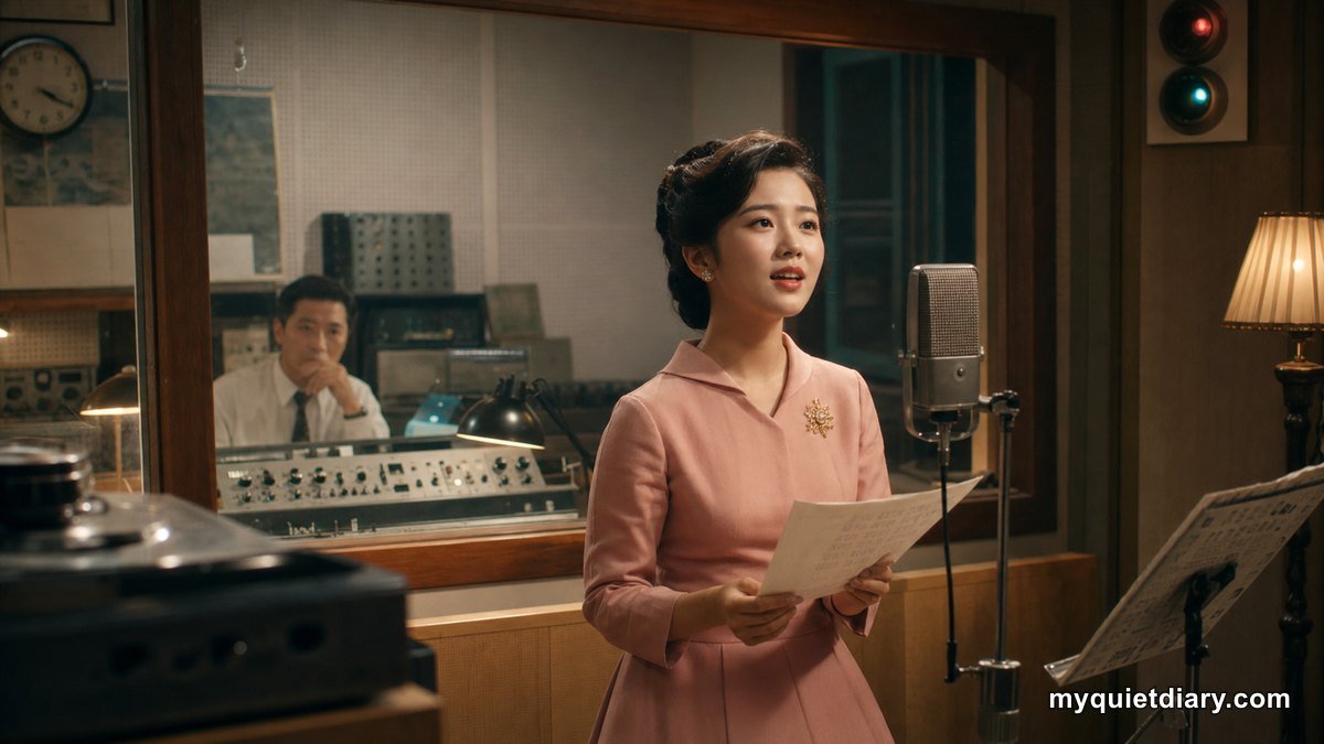 A fictional Korean singer recording in a 1960s Seoul radio studio