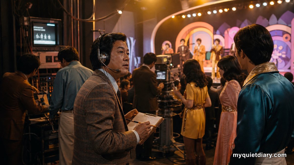 A fictional entertainment producer backstage at a 1970s Korean television music show