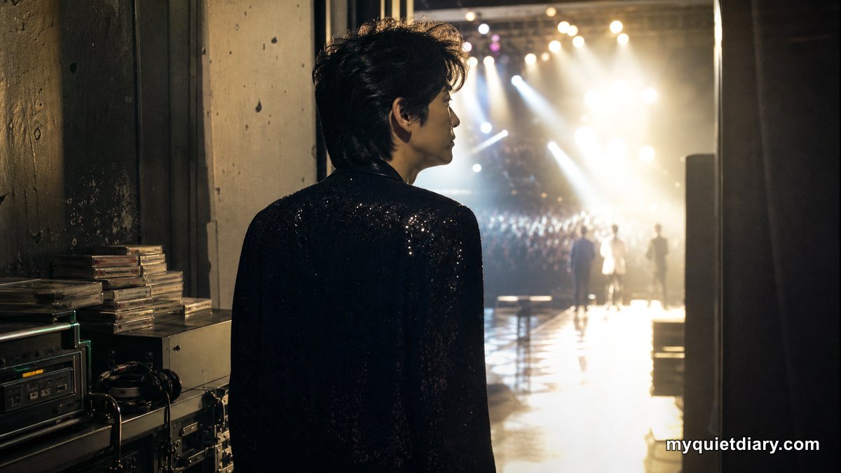 A fictional veteran Korean performer looking toward an 1980s concert stage