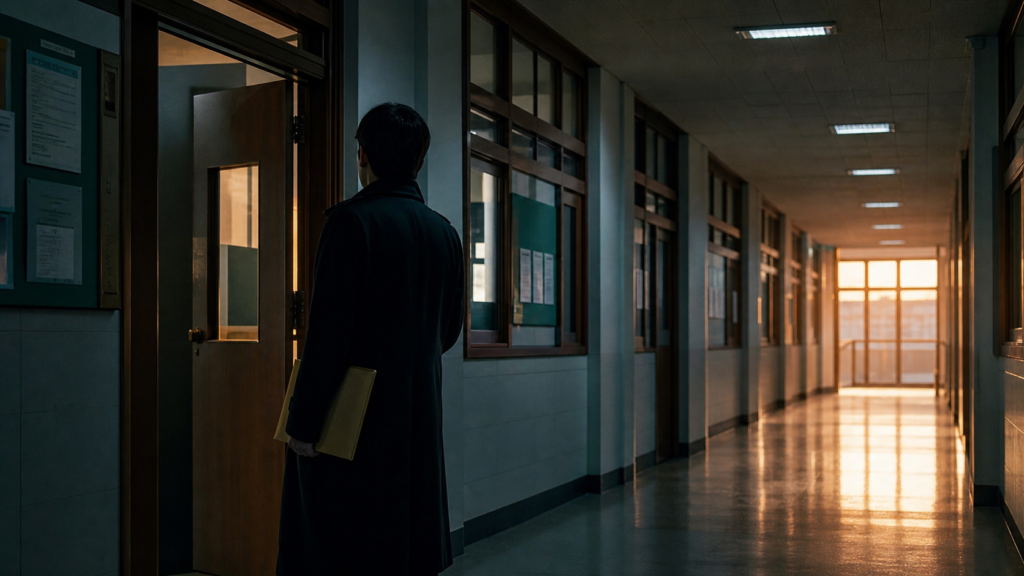 A fictional school investigator standing in an empty Korean high-school corridor after classes