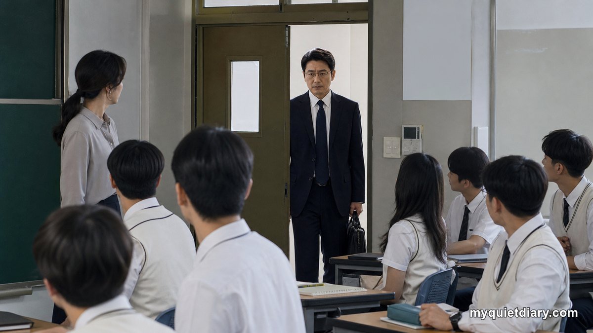 A fictional school inspector entering a tense Korean high-school classroom