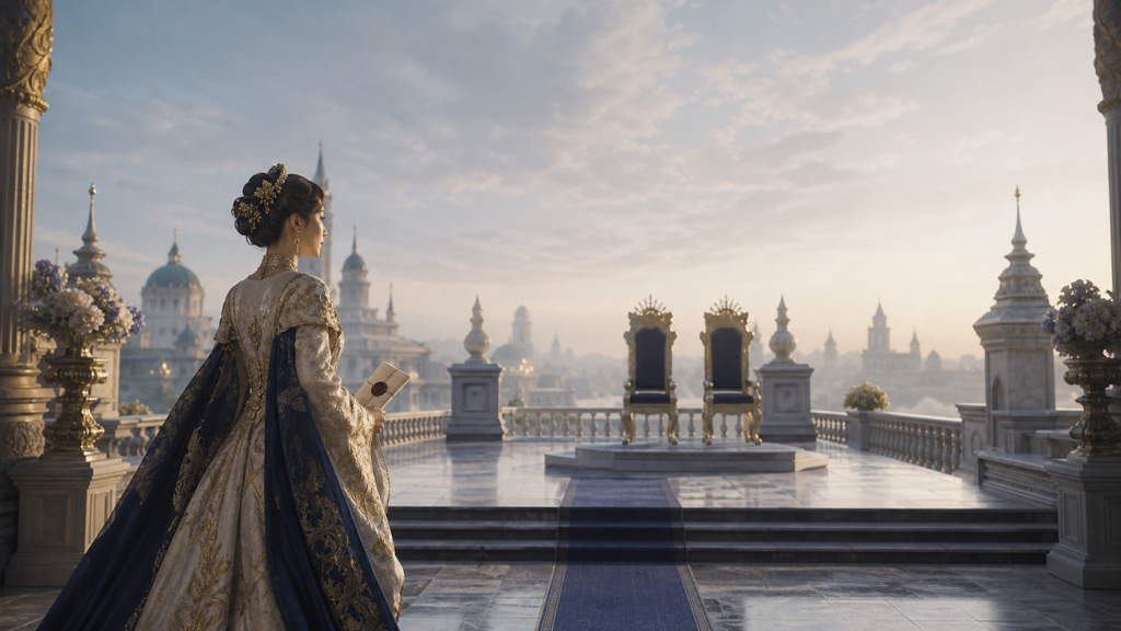 A fictional empress holding a sealed decree before two empty thrones on a palace terrace