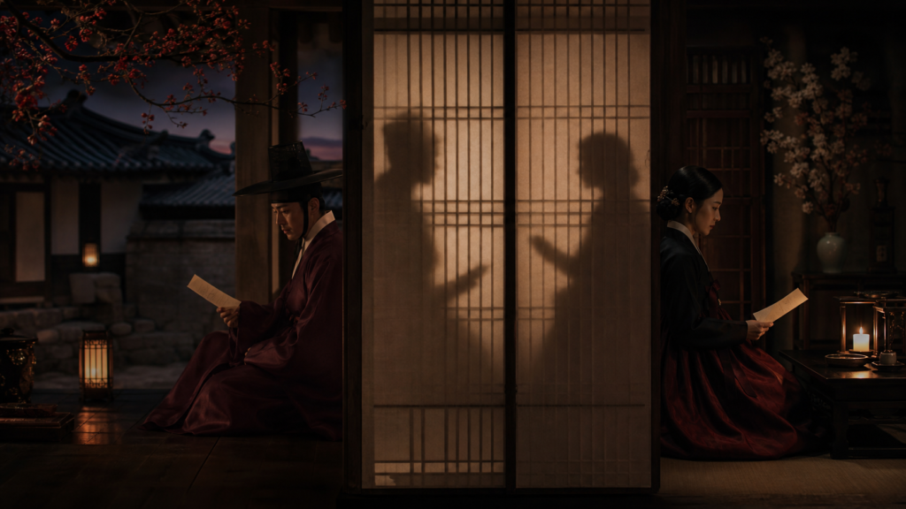 Two fictional Joseon aristocrats reading letters on opposite sides of a paper screen
