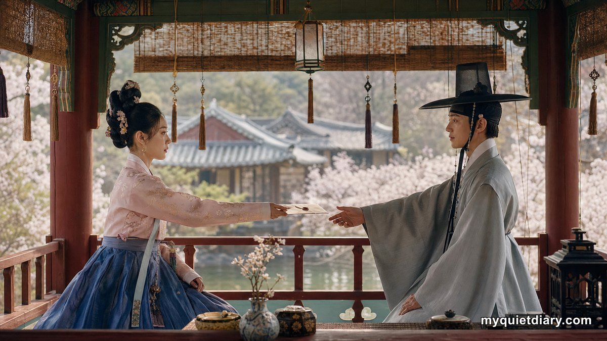 How The Scandal Moves Dangerous Liaisons to Joseon A fictional Joseon noblewoman and scholar exchanging a sealed letter in a pavilion