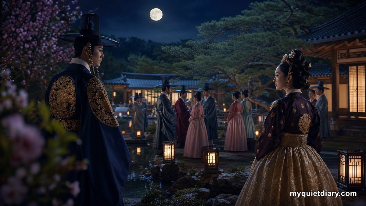 How The Scandal Moves Dangerous Liaisons to Joseon Fictional Joseon nobles observing each other across a moonlit garden gathering
